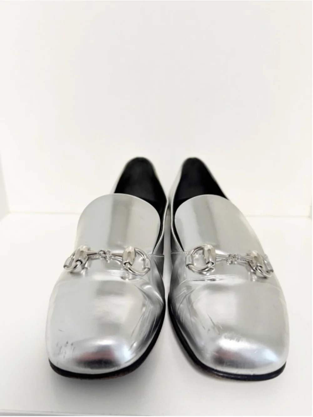 Gucci Silver Mirror Foil Leather Kira Horsebit Loafers Size 36